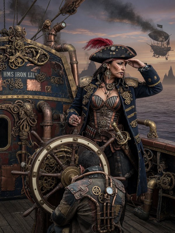 Weathered metalwork and gear-driven steampunk aesthetic provide rugged mechanical authenticity, historical atmosphere adds aged depth and industrial grandeur, and intricate pseudo-organic machinery brings ornate biomechanical detail. The fusion should manifest as richly engineered steampunk design featuring brass gears, riveted armor, exposed clockwork, copper piping, and Victorian-era industrial embellishments
A pirate woman, with an open coat, wearing a tricorner cap
Standing behind the helmsman, scanning the horizon for danger