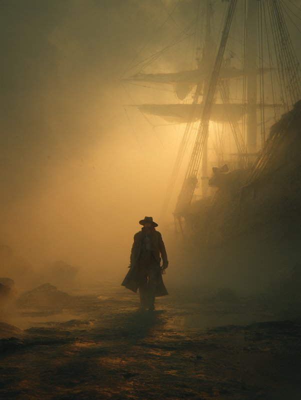 Cinematic volumetric lighting + dry-brush tempera realism + post-apocalyptic wasteland, where cinematic volumetric backlighting carves luminous depth through suspended haze and particulate atmosphere, dry-brush granulation produces tactile austere surfaces via fine layered tonal restraint, and a scorched, sun-bleached desolation pervades the scene. The fusion manifests as high-contrast chiaroscuro pierced by amber shafts, muted ochre-and-umber palettes weathered toward rust, and granular matte textures dissolving into heat-shimmered air, transforming any content through arid luminosity, oxidized earth tones, and quiet apocalyptic stillness.

A pirate woman, with an open coat, wearing a tricorner cap

Standing behind the helmsman, scanning the horizon for danger