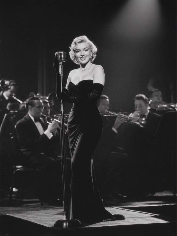 Black and white still of Marilyn Monroe performing center stage with a vintage mic, a big band playing brass instruments