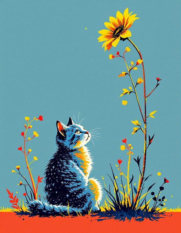 Vibrant retro illustration of a star-speckled blue tabby cat sitting among wildflowers, gazing up at a tall sunflower agai...