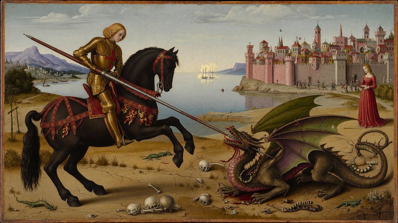 Vittore Carpaccio + Paolo Uccello + Gentile Bellini, where Carpaccio's jewel-toned narrative precision should render every detail of armor and creature, Uccello's geometric foreshortening should drive the lance and rearing horse into dynamic depth, and Bellini's atmospheric Venetian topography should build the luminous distance. The fusion should manifest as an early-Renaissance tempera panel under warm aged varnish, processional clarity meeting dramatic perspectival tension.
A young golden-haired knight in burnished plate armor, mounted on a dark rearing warhorse draped in crimson caparison, lance lowered and thrust clean through the open jaws of a low-crouching winged dragon, its membranous bat-wings spread wide, serpentine tail coiling, body pinned against the earth as the charge connects in one decisive moment.
Scene set on an arid coastal plain during pale overcast daylight, with a still, solemn atmosphere of aftermath, featuring a fantastical towered city across the water, a distant red-robed maiden watching at the right, scattered bones, skulls, and small reptiles strewn across the dragon's grim foreground, and a faint luminous harbor receding into hazy hills.