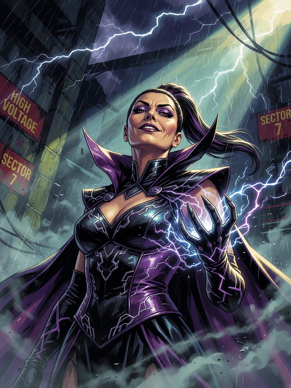 Photorealistic painterly rendering combined with crisp dynamic linework and bold high-contrast shadow work, creating a fusion of cinematic realism and graphic-novel impact. The result should manifest as luminous directional lighting, saturated retro-modern color, expressively sculpted shading, and simplified atmospheric backgrounds that thrust the figure forward with dramatic clarity and surreal elegance.
A commanding comic book female villain with sharp confident features, an imperious smirk, and a sweeping dramatic costume, posed towering above the viewer, chin lifted, locking direct unflinching eye contact, one gloved hand raised mid-gesture as energy crackles around her, radiating control and menace.
Scene set in a shadowed industrial lair during a stormy night, with a charged electric atmosphere and drifting mist, featuring a steep ground-level vantage looking upward, simplified looming architecture, rim-lit haze, and shafts of directional light slicing through darkness to silhouette and frame the dominant figure.