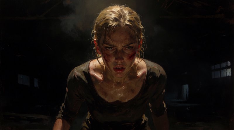 Dramatic single-source tenebrism plunging the surroundings into a near-black void, combined with raw, unidealized rendering of flesh and visceral skin texture, creating a fusion of classical chiaroscuro and contemporary atmospheric grit. The result should manifest as moody painterly realism: warm rim light catching wet hair and collarbones, a muted earthen palette, expressive mark-making, and an unflinching psychological intensity carved out by deep shadow.
A determined blonde artistic figure with a dirt-streaked, bruised face and a healing scrape across one cheekbone, hair pulled back with damp strands falling loose, leaning forward mid-breath with parted lips and a fierce, locked-on gaze, wearing a simple dark fitted top, glistening with sweat across the collarbones and shoulders.
Scene set in a cavernous derelict industrial warehouse during deep night, with a heavy, oppressive atmosphere of smoke and stillness, featuring a near-black background swallowing distant structural beams, a single shaft of warm overhead light isolating the figure, and faint cold reflections glinting off unseen surfaces.