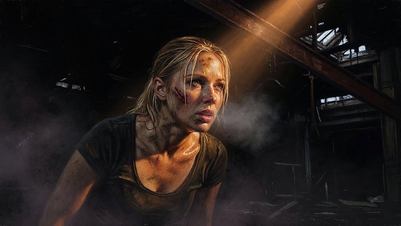 Dramatic single-source tenebrism plunging the surroundings into a near-black void, combined with raw, unidealized rendering of flesh and visceral skin texture, creating a fusion of classical chiaroscuro and contemporary atmospheric grit. The result should manifest as moody painterly realism: warm rim light catching wet hair and collarbones, a muted earthen palette, expressive mark-making, and an unflinching psychological intensity carved out by deep shadow.
A determined blonde artistic figure with a dirt-streaked, bruised face and a healing scrape across one cheekbone, hair pulled back with damp strands falling loose, leaning forward mid-breath with parted lips and a fierce, locked-on gaze, wearing a simple dark fitted top, glistening with sweat across the collarbones and shoulders.
Scene set in a cavernous derelict industrial warehouse during deep night, with a heavy, oppressive atmosphere of smoke and stillness, featuring a near-black background swallowing distant structural beams, a single shaft of warm overhead light isolating the figure, and faint cold reflections glinting off unseen surfaces.