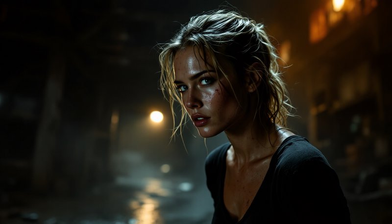 Intense portrait of a battered blonde woman with wet hair, staring out from a dark, rain-slicked urban alley at night.