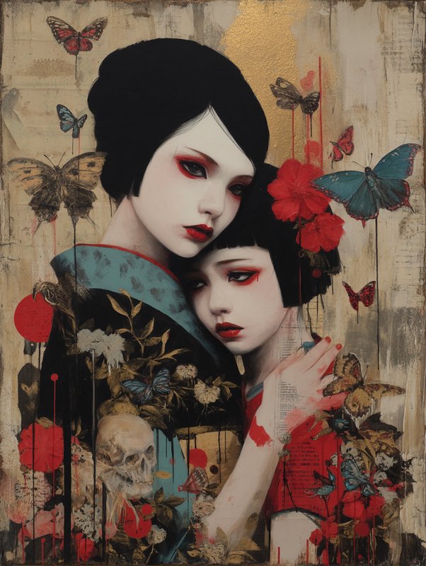 Soft-graded porcelain skin with hard rosy circular blush and stylized doll-like features, drawn in stark decorative black contour against flat solid-black silhouette masses · high-chroma crimson, teal, and gold accents as crisp bold-outlined saturated shapes punching through a dark, earthy, desaturated parchment ground · mixed-media surface of ink bleed, splatter, drip, and aged grain · dense maximalist collage rhythm entangling botanicals, butterflies, and symbolic objects, carrying memento-mori ornamental density. Theatrical, doll-like melancholy.
Two pale-skinned adult figures with sharp jet-black hair, crimson lips and circular red-rouged cheeks, posed in near-profile, one leaning toward the other in quiet intimate tension, adorned with red blossoms, single teardrop ink streaks, and cryptic lettering painted along a bare forearm.
Scene set in a collaged dreamscape during timeless dusk, with a melancholic romantic atmosphere, featuring vivid butterflies, a cluster of red roses, a pale floating skull, scattered dried botanicals, aged ledger paper, stamped letters, and dripping watercolor washes bleeding into the borders.