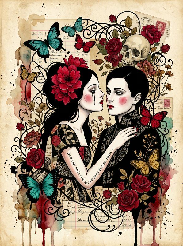 Soft-graded porcelain skin with hard rosy circular blush and stylized doll-like features, drawn in stark decorative black contour against flat solid-black silhouette masses · high-chroma crimson, teal, and gold accents as crisp bold-outlined saturated shapes punching through a dark, earthy, desaturated parchment ground · mixed-media surface of ink bleed, splatter, drip, and aged grain · dense maximalist collage rhythm entangling botanicals, butterflies, and symbolic objects, carrying memento-mori ornamental density. Theatrical, doll-like melancholy.
Two pale-skinned adult figures with sharp jet-black hair, crimson lips and circular red-rouged cheeks, posed in near-profile, one leaning toward the other in quiet intimate tension, adorned with red blossoms, single teardrop ink streaks, and cryptic lettering painted along a bare forearm.
Scene set in a collaged dreamscape during timeless dusk, with a melancholic romantic atmosphere, featuring vivid butterflies, a cluster of red roses, a pale floating skull, scattered dried botanicals, aged ledger paper, stamped letters, and dripping watercolor washes bleeding into the borders.
