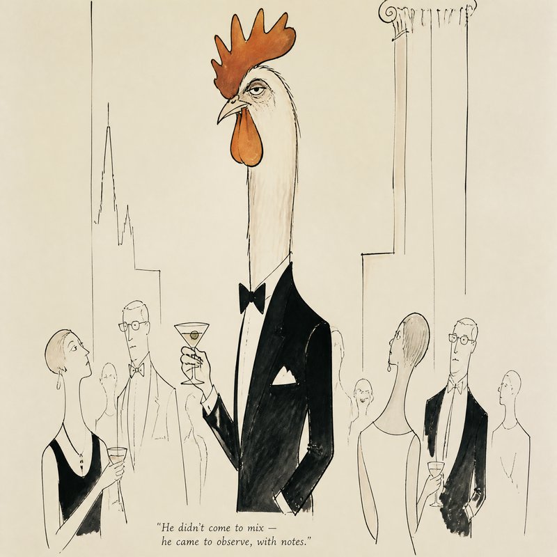 Amedeo Modigliani + Saul Steinberg + New Yorker editorial wit, where Modigliani's elongation mastery creates graceful vertical distortion through attenuated proportions and swan-like extensions, Steinberg's economical linework produces urbane clarity via confident ink strokes and architectural precision, and editorial cartoon wit infuses sophisticated visual shorthand. The fusion manifests as exaggerated vertical reach, hand-drawn line confidence, and minimalist eloquence, transforming any subject through deliberate attenuation, expressive contour economy, and wry observational linework that balances elegant distortion with intellectual playfulness.
Sophisticated rooster at a cocktail party