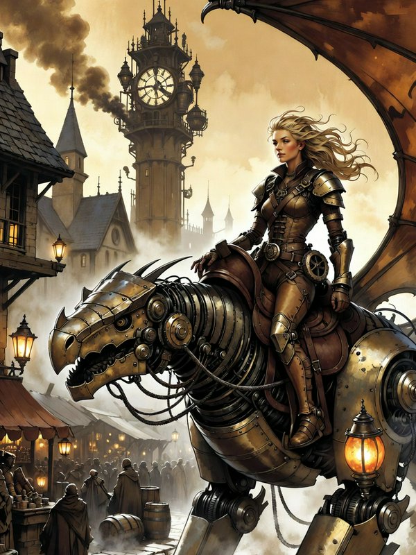 Detailed ink-and-wash linework with heavy cross-hatching and crisp outlines, rendered in a warm sepia-and-brass palette accented by glowing amber lamplight. Weathered metallic textures, patinated bronze, and soft atmospheric haze blend painterly shading with graphic-novel precision, creating a richly detailed steampunk illustration that feels both hand-drawn and cinematic, with dramatic depth and a smoky, antiqued mood.

A confident steampunk rider with long windswept blonde hair, seated upright atop a towering mechanical dragon, in fitted leather-and-brass adventuring attire with riding straps and gear-shaped buckles, one hand resting on the creature's armored neck, poised and commanding.

Scene set in a crowded gothic clockwork marketplace at hazy dusk, with billowing steam, glowing lanterns, and a tall ornate clock tower at center. Stone spires and timbered rooftops rise into a smoky sky, while cloaked vendors, barrels, and gear-laden stalls fill the cobbled square below.