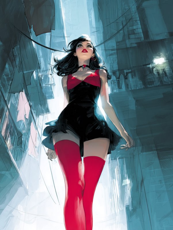 Rendered in a comic book style that blends the dynamic energy, clean precision, surreal elegance , and dramatic contrast. This fusion incorporates vibrant, painterly realism an atmospheric palette and retro-modern clarity. intricate linework and surreal environments meet the minimalist-yet-expressive style of to create a balanced and engaging composition. The result is a visually striking aesthetic with bold, clean linework, high-contrast colors, expressive shading, and dynamic storytelling that captures both motion and emotion. Lighting is sharp and directional, drawing focus to the subject while atmospheric effects and simplified backgrounds maintain clarity and dramatic impact.
from ground level looking up, direct eye contact with a comic book female villain