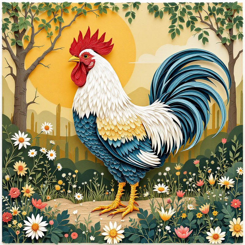 Layered paper craft illustration of a vibrant multicolored rooster standing in a sunlit wildflower meadow, folk art style