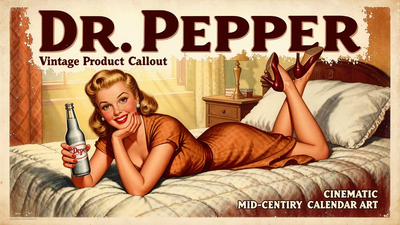 Luminous airbrushed skin rendering and idealized commercial figure work combined with warm narrative Americana realism and rich product-advertising luminosity, creating a glowing mid-century calendar-art finish. The result should manifest as painterly lithographic illustration with soft halftone grain, muted amber and cream tones, dramatic warm shadows, faded ink bleeding, distressed paper texture, and the slightly imperfect registration of vintage magazine printing.
A curvy blonde 1950s movie-star pin-up reclining on her stomach across a bed, chin propped on one hand, ankles crossed and kicked up behind her, wearing a fitted retro dress, hair in soft victory curls, red lips and a bright playful smile, her free hand cheerfully presenting a frosted glass bottle of Dr. Pepper toward the viewer with glamorous charm.
Scene set in a cozy mid-century bedroom during a warm golden afternoon, with soft nostalgic atmosphere and gentle window light, featuring a quilted bedspread, a vintage nightstand, bold retro advertising typography space at the top, and a small product callout, all framed as a cinematic vertical poster composition with aged cream borders.