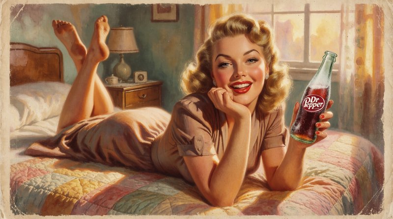 Luminous airbrushed skin rendering and idealized commercial figure work combined with warm narrative Americana realism and rich product-advertising luminosity, creating a glowing mid-century calendar-art finish. The result should manifest as painterly lithographic illustration with soft halftone grain, muted amber and cream tones, dramatic warm shadows, faded ink bleeding, distressed paper texture, and the slightly imperfect registration of vintage magazine printing.
A curvy blonde 1950s movie-star pin-up reclining on her stomach across a bed, chin propped on one hand, ankles crossed and kicked up behind her, wearing a fitted retro dress, hair in soft victory curls, red lips and a bright playful smile, her free hand cheerfully presenting a frosted glass bottle of Dr. Pepper toward the viewer with glamorous charm.
Scene set in a cozy mid-century bedroom during a warm golden afternoon, with soft nostalgic atmosphere and gentle window light, featuring a quilted bedspread, a vintage nightstand, bold retro advertising typography space at the top, and a small product callout, all framed as a cinematic vertical poster composition with aged cream borders.