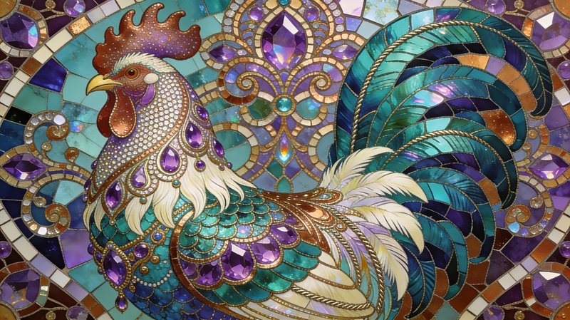 Edmund Dulac + Ivan Bilibin + Byzantine mosaic atmosphere, where Dulac's Persian-influenced glazing creates luminous jewel-tone depth through layered color saturation, Bilibin's stippled linework produces ornate textural density via precise dot accumulation, and Byzantine opulence infuses sacred decorative reverence. The fusion manifests as delicate Eastern ornamentation with curvilinear intricacy, pointillist granulation building micro-pattern richness, and deep saturated harmonies, transforming any subject through teal-emerald depths, purple-violet accents, ivory highlights, and warm bronze undertones rather than dominant gold.

Rooster made of jewels