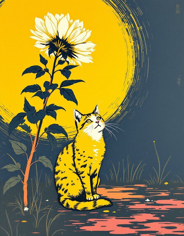 [Linocut illustration of a yellow spotted tabby cat sitting beside a tall sunflower under a glowing yellow crescent moon]