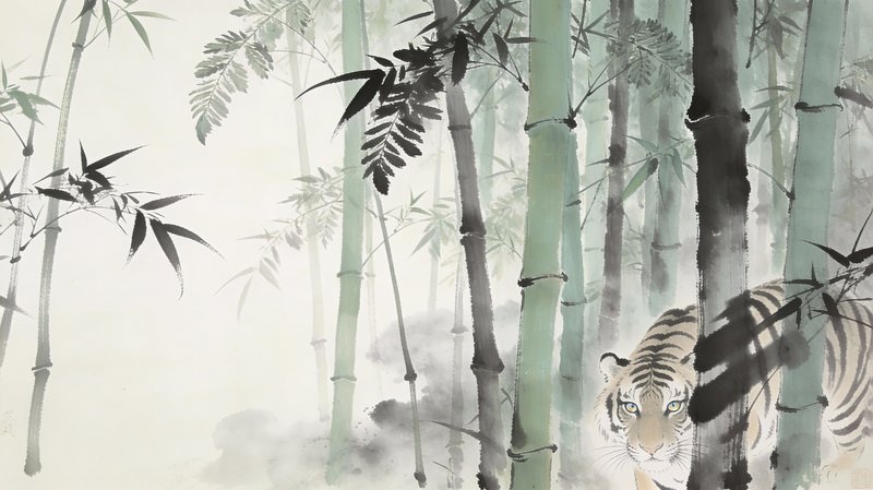 [Traditional East Asian ink wash painting of a tiger peering directly out from a misty dense bamboo forest.]