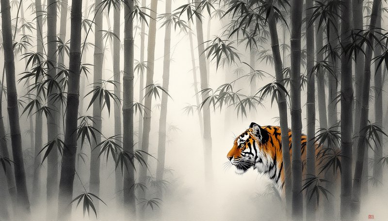 Traditional sumi-e ink wash painting of a tiger peering out from a misty dense bamboo forest