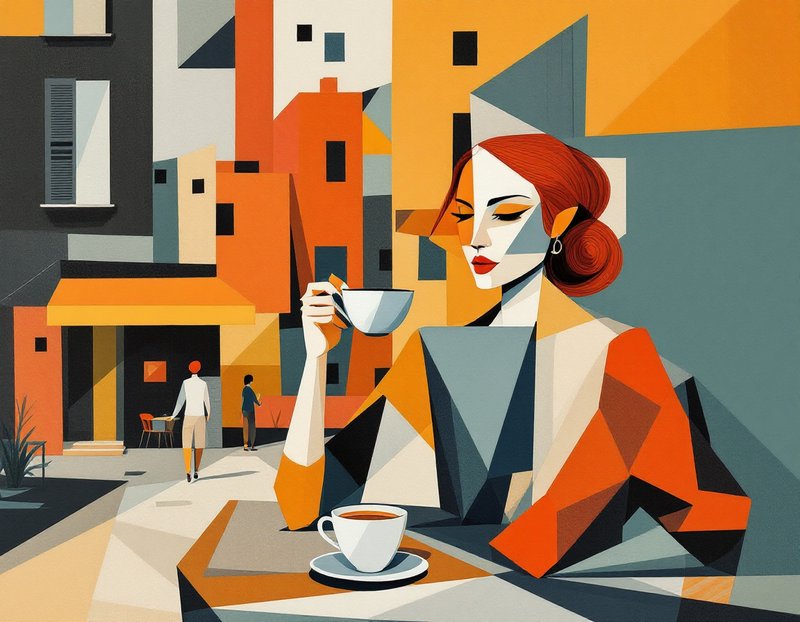 Cubist geometric illustration of a red-haired woman drinking coffee at an outdoor city sidewalk cafe.