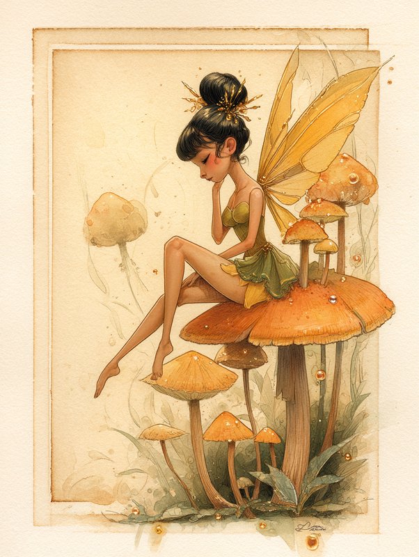 Delicate golden-age fairy illustration combined with mid-century commercial poster painting and smoky ink-wash shadows, creating a nostalgic dark-fantasy lithograph; the result manifests as elongated elegant proportions, soft airbrushed skin, faded cream-and-amber inks, aged paper grain, subtle halftone, imperfect registration, dewdrop highlights, and cinematic mushroom-garden luminosity.
An unadorned miniature fairy with translucent veined wings, geisha-inspired black updo pinned with golden sticks, luminous skin and a green silk waist cloth, perched demurely on a red amanita mushroom, legs extended downward, head bowed in quiet reverie, surrounded by smaller capped mushrooms and sparkling dew. 3/4 angled toward the artist.
Scene set in an enchanted forest clearing during misty morning, with nostalgic, shadowed atmosphere, featuring tall grasses, dark foliage silhouettes, moss, cream paper borders, amber light on toadstool caps, jewel-like dew beads, and the intimate composition of a vintage fantastical poster.