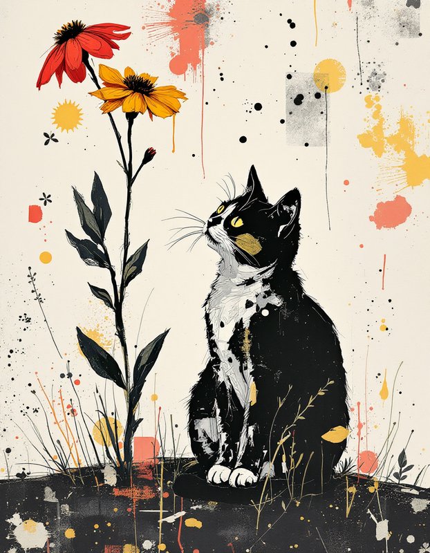 Illustrated tuxedo cat sits looking up at tall red and yellow coneflowers against an abstract paint splatter background