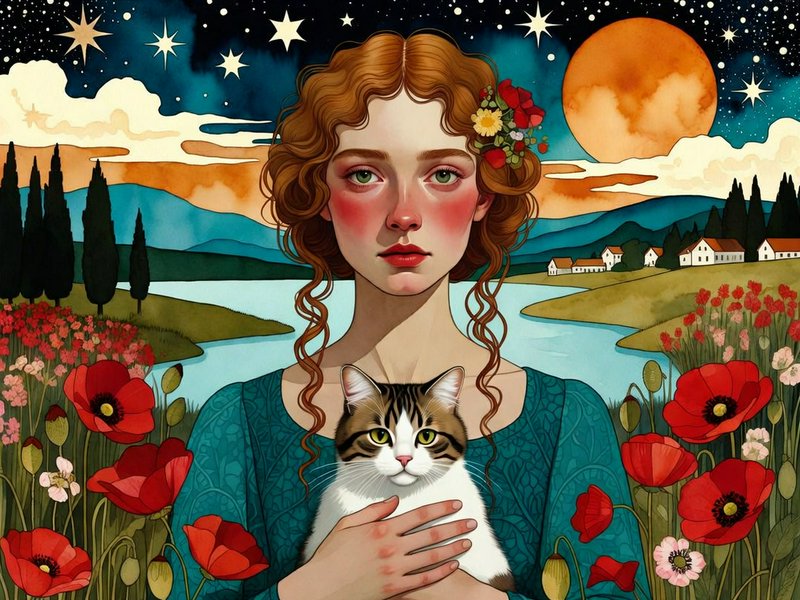 Dreamlike folk portraiture fused with translucent watercolor glazing and ornamental symbolist patterning, creating a poetic storybook realism; the result manifests as soft ink contours, blooming pigments, flattened perspective, luminous celestial motifs, and richly speckled floral textures.
A solemn young woman with auburn hair, pale green eyes, flushed cheeks, and a flower cluster tucked behind one ear, standing front-facing in a teal patterned dress while cradling a white-and-tabby cat, her calm gaze and protective hands framed by loose curls and wild poppies.
Scene set in a lakeside countryside garden during a moonlit twilight, with serene, wistful atmosphere, featuring red poppies, meadow flowers, a reflective river, rolling blue hills, dark cypress silhouettes, distant village houses, a white manor, drifting clouds, stars, and a vast orange moon.