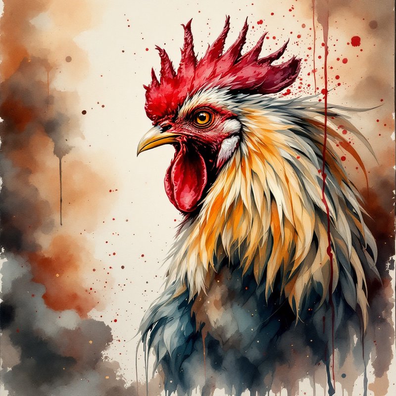 Vibrant watercolor close-up portrait of a rooster with red comb, golden neck feathers, and paint splatter background.