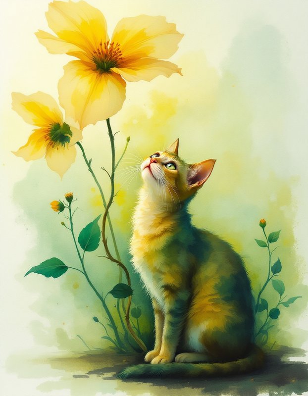 Watercolor illustration of a fluffy tabby cat gazing curiously up at oversized yellow blooming flowers.