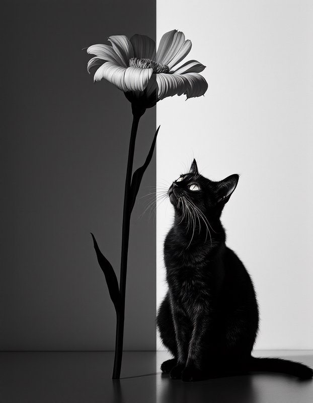 High contrast monochrome shot of a sitting black cat gazing up at a large daisy beside a split dark and light background