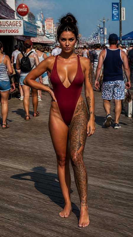 Confident tattooed woman in a burgundy one-piece swimsuit stands on a crowded sunny vintage beach boardwalk.