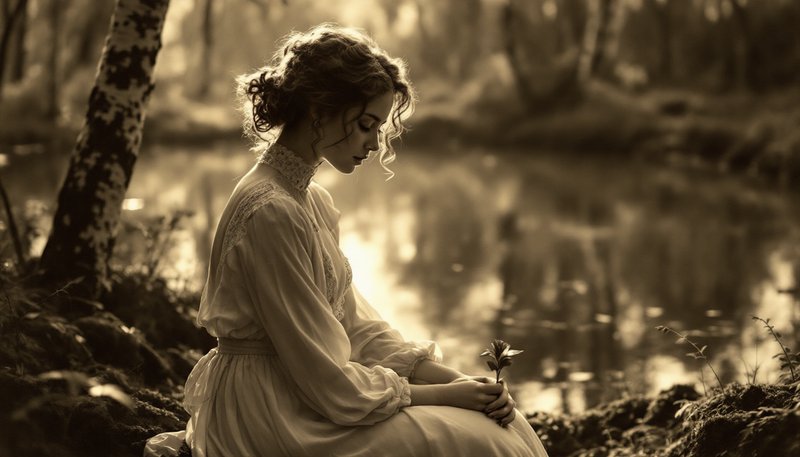 Sepia toned portrait of a pensive Victorian woman sitting on a sunlit forest riverbank, head bowed holding a small sprig