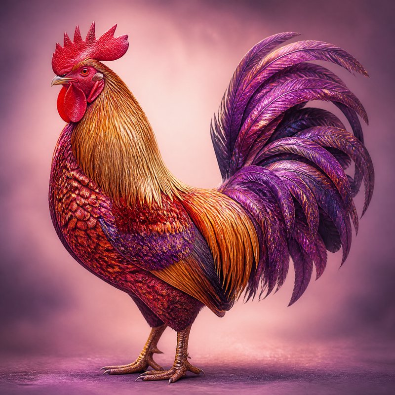 Vibrant ornamental rooster with red comb, golden plumage, and iridescent purple tail feathers stands against a soft pink-p...