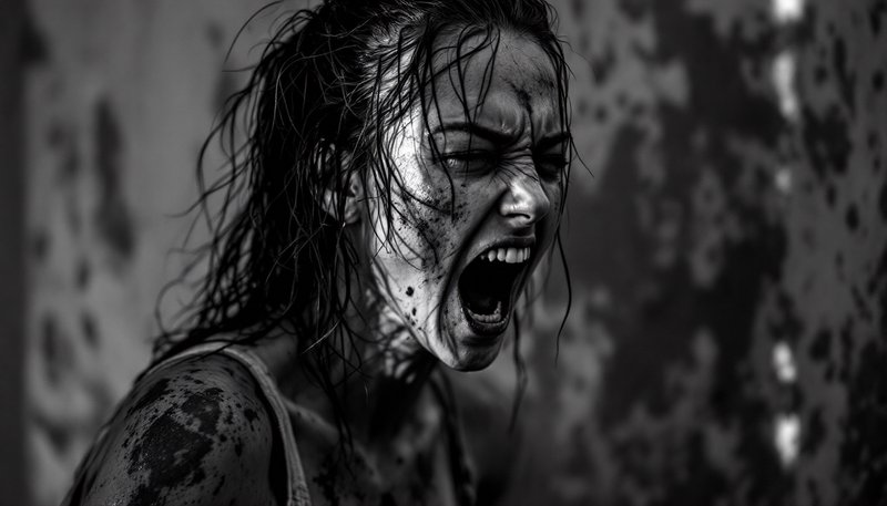 Black and white close-up portrait of a disheveled, mud-splattered woman screaming with intense anguish against a stained b...