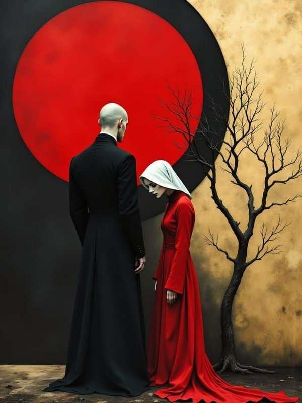 [Surreal gothic portrait: bald man in black robe stands beside bowed woman in red gown, with dead tree and large red circl...