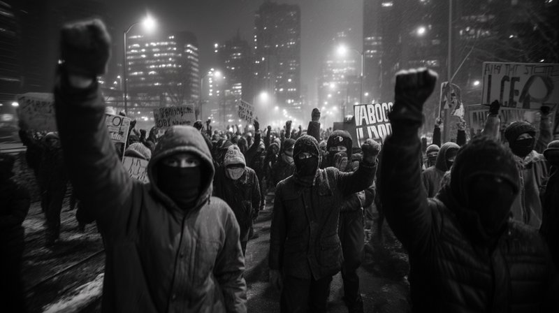 Black and white shot of masked protestors marching on a snowy night city street, raising clenched fists and holding demons...
