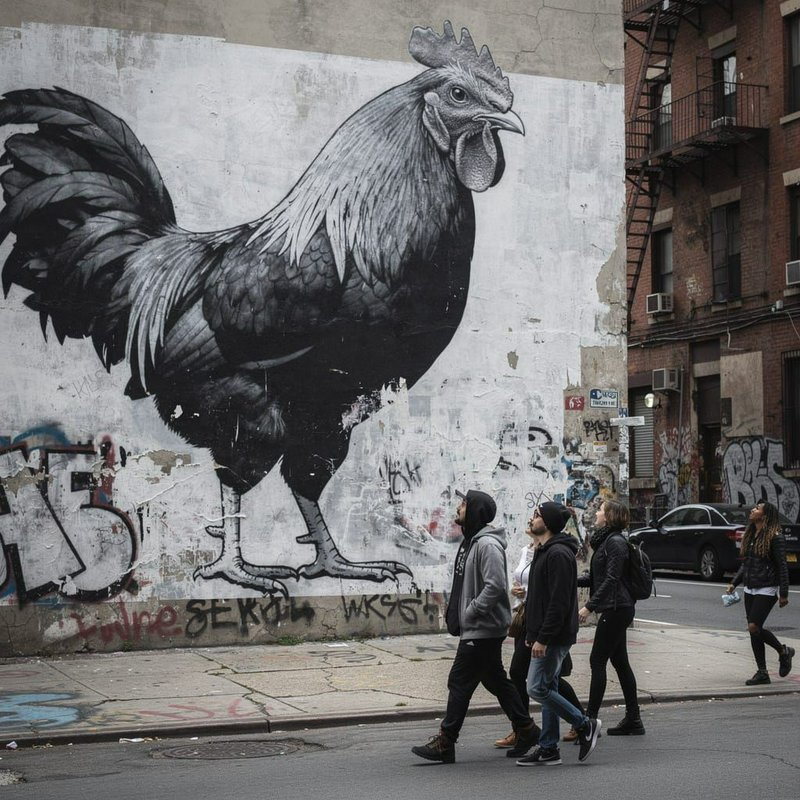 Banksy + JR, using street art techniques and subtle satire
Rooster downtown
Urban street with cracked pavement, minimal surroundings to emphasize the mural and figures
