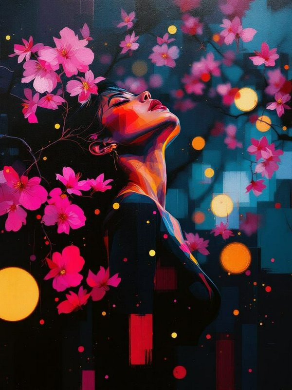 Stylized vibrant portrait of a woman tilting her head back, framed by pink cherry blossoms and glowing warm bokeh lights