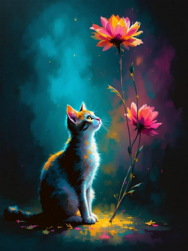 Fluffy tabby kitten sits looking up at tall vibrant pink and orange blooms against a glowing moody dark fantasy background.