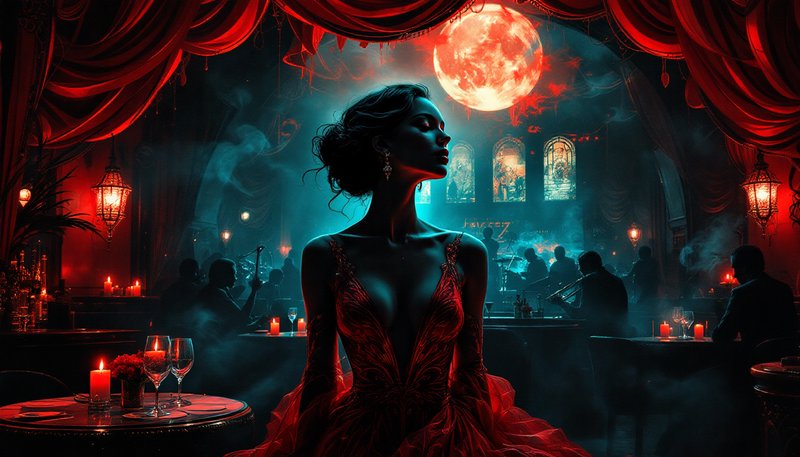 Silhouetted elegant woman in red gown stands in a moody gothic jazz club beneath a glowing red blood moon, dramatic red
