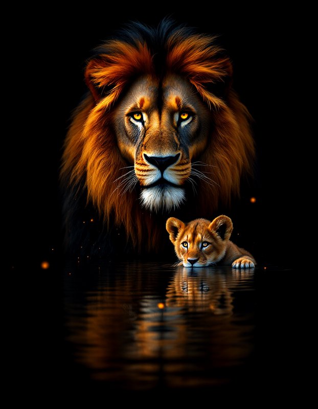 [Majestic male lion and young lion cub gaze forward, their reflections visible in still dark water against a black backgro...