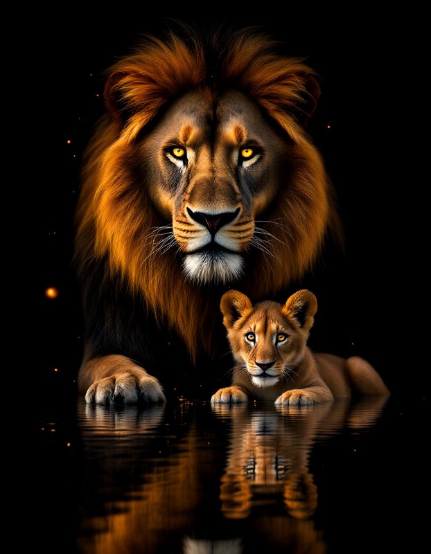 [Regal adult male lion and young lion cub rest beside each other on reflective dark water, glowing golden eyes against a b...