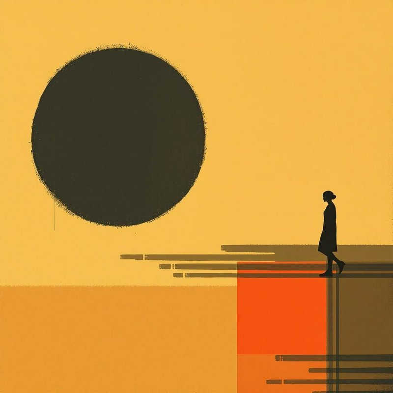Minimalist illustration of a walking woman silhouette beneath a large dark eclipse circle on a warm mustard geometric land...