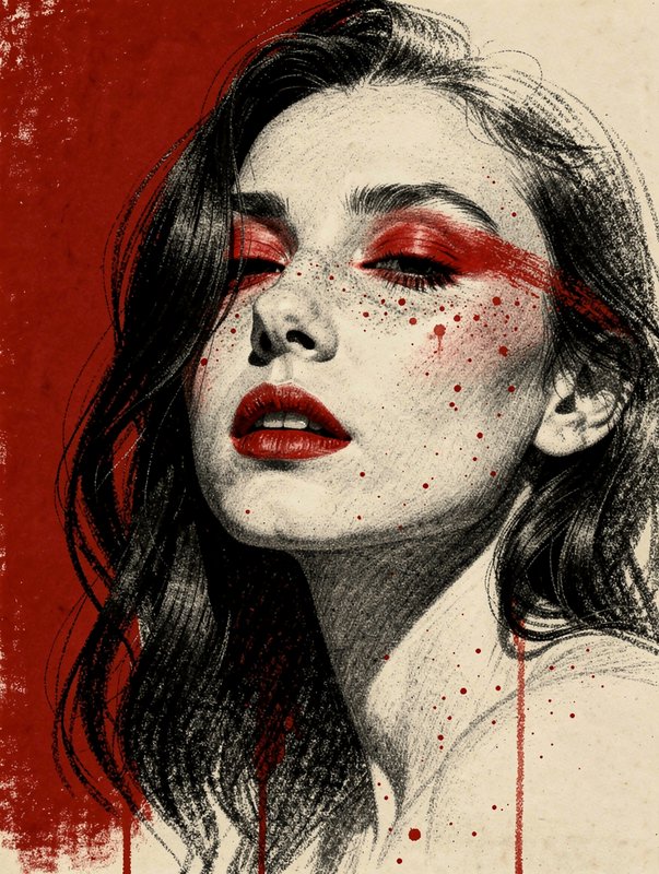 A stark near-monochrome charcoal illustration confined to a bone-white cream ground, deep matte blacks and a single searing vermilion accent for maximum chroma tension. Light reads flat and graphic with soft smudged tonal modeling on raised planes, delicate pencil shading blending into gritty hand-drawn grain. Contours are confident and slightly rough, edges alternating crisp ink lines with feathered smudges. Scattered red flecks and drip-spatter break the surface. Composition is bold and frontal with heavy negative space and flat color blocking.
A woman with dark wavy hair, striking bright red eyeshadow, bold red lips, and scattered red marks across the cheeks.
Tight close-up crop at eye-level, face filling the frame and turned slightly toward the lens with eyes closed and head gently tilted, lips softly parted, hair falling past one side, shallow flat depth keeping the whole face in even focus.
Scene set against a plain divided backdrop, half solid red and half pale, timeless and undefined, with a quiet dramatic stillness and no additional elements.