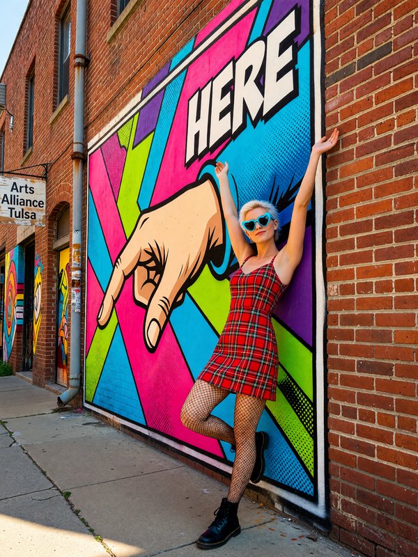 Woman poses playfully against a vibrant pop art mural with a pointing hand and "HERE" text on a red brick Tulsa alley wall.