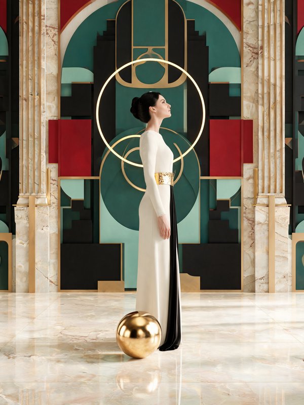 Bold Art Deco geometry drives the composition with interlocking circles, arcs, columns and stepped rectangles arranged in symmetrical, poster-flat panels. The palette pairs deep crimson, teal-green and near-black with lavish metallic gold leaf and warm ivory travertine. Light is even and graphic, gold surfaces catching a soft burnished glow while flat planes stay matte. Edges are crisp and hard, forms reduced to clean silhouettes with subtle stone granulation and gilded sheen. Balanced, monumental rhythm evokes lacquered elegance and luminous restraint.
A slender adult woman with sleek dark upswept hair, wearing a floor-length ivory and gold column gown with a metallic waistband and a long black draped panel.
Full-length shot at slightly low eye-level, figure standing tall and upright in profile, face lifted and gazing upward, one arm relaxed at her side, centered against a flat backdrop with a gold sphere resting in the foreground and a reflective floor below.
Scene set in a stylized geometric interior during a timeless moment, with a serene monumental atmosphere, featuring layered arches, columns, a glowing halo disc and a polished reflecting floor with a golden orb.