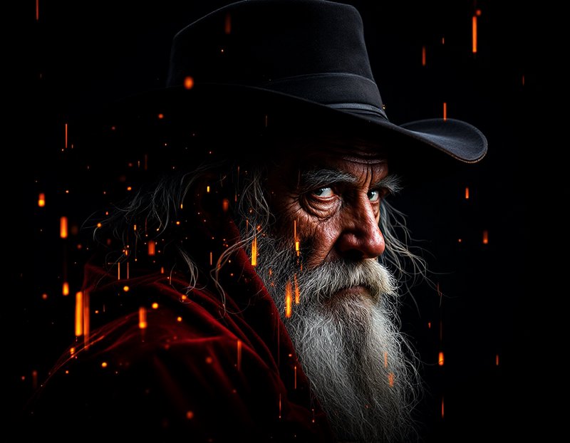[Dramatic close-up portrait of elderly bearded man in black wide hat, glowing falling fire embers against dark background]