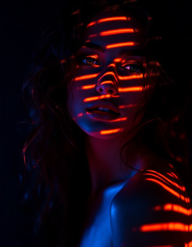 Close-up portrait of a woman with horizontal glowing red light stripes across her face, lit by cool blue accent