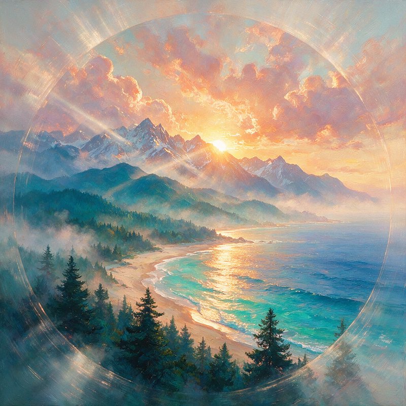 Richly impastoed oil-painting technique with visible directional brushstrokes and luminous glazed layering, combined with soft atmospheric blending and warm-to-cool color harmonies, creating a romantic painterly fusion. The result should manifest as a hand-painted landscape with tactile canvas texture, overlaid by faint translucent streaks of brushed light that veil the entire scene like a ghosted double exposure, drawn over mountains, clouds, and water in loose expressive strokes.
A sweeping composite wilderness with jagged sunlit peaks and a radiant glowing sun cresting the ridgeline, layered evergreen forests rising in the foreground, arranged in stacked overlapping planes that softly dissolve mountain, beach, and water into one continuous painted vista, with pale light-streaks passing translucently across the peaks.
Scene set in a boundless mountain-and-coast panorama during golden sunset, with drifting misty clouds and warm hazy air, featuring a curving sandy shoreline, turquoise-to-deep-blue water, silhouetted pines, and a vast circular frame where radiating brushed light-streaks intensify at the edges and fade softly inward over the landscape.