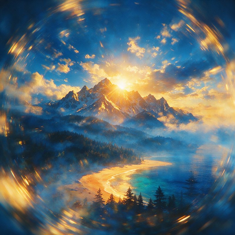 Luminous atmospheric landscape rendering with glowing internal light and deep aerial perspective, combined with hyper-saturated cobalt-and-amber color grading and seamless double-exposure compositing, creating a dreamlike surreal fusion. The result should manifest as a circular vignette of blended realities, radiating motion-blur light streaks, soft painterly grain, and cinematic contrast between warm and cool tones.
A sweeping composite wilderness with jagged sunlit peaks and a radiant glowing sun cresting the ridgeline, layered evergreen forests rising in the foreground, arranged in stacked overlapping planes that merge mountain, beach, and water into one continuous surreal vista.
Scene set in a boundless mountain-and-coast panorama during golden sunset, with drifting misty clouds and warm hazy air, featuring a curving sandy shoreline, turquoise-to-deep-blue water, silhouetted pines, and a vast circular frame ringed by streaking rays of light against an open sky.