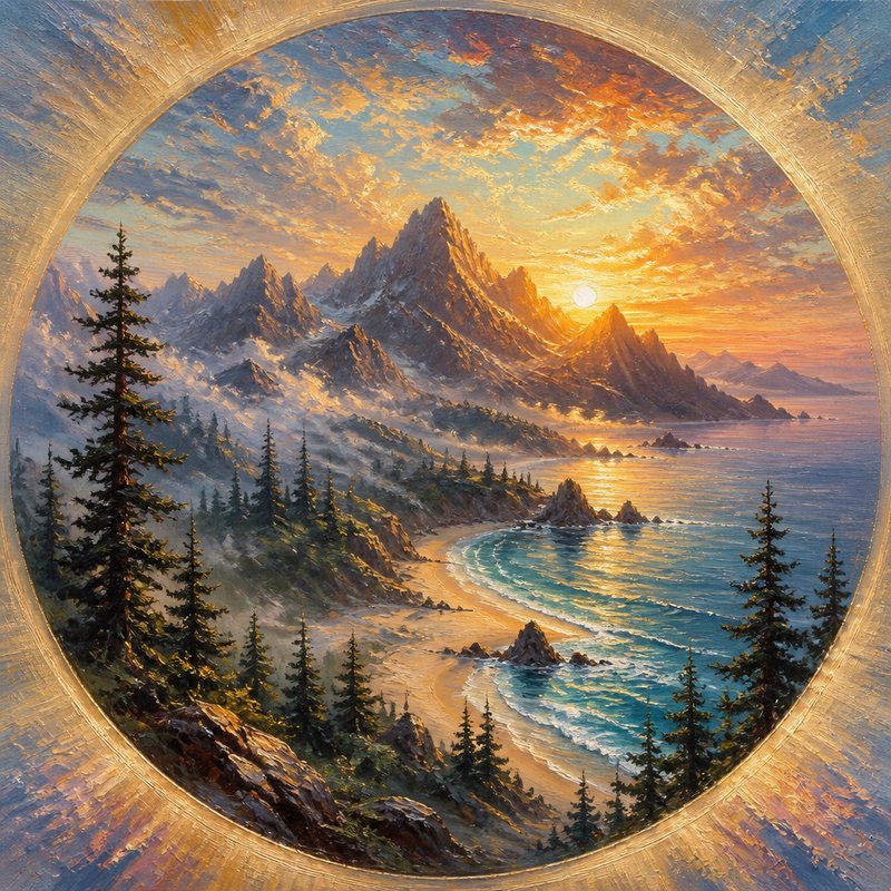 Circular impasto oil painting of a golden sunset over a misty mountain coastal cove lined with evergreen pine trees.