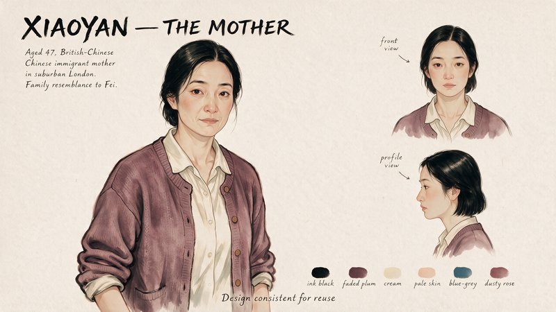 Use the attached character model sheet as the exact basis. KEEP the woman completely unchanged — same face, same age, same tired handsome features, same short pinned-back black hair, same layout (large main portrait + front view + profile turnaround + colour swatches along the bottom + the "Design consistent for reuse" caption).
CHANGE ONLY HER CLOTHING AND HER SWATCHES. She must NOT wear sage green — her daughter Fei wears the sage-green cardigan, and at a crowded dinner table the two would be impossible to tell apart. Dress her instead in a DUSTY ROSE / faded plum knitted cardigan, worn over a pale cream blouse, sleeves pushed up as if she has been cooking. Cheap, soft, much-washed, comfortable. Update the palette swatches along the bottom to match her new colours (ink black, dusty rose, faded plum, cream, pale skin, blue-grey).
Keep the title text "XIAOYAN — THE MOTHER" and her description.
Style: Brushflow ink-and-wash — delicate East Asian ink-wash painting, Ikenaga Yasunari portraiture with Huang Guangjian's ink linework, luminous digital finish, visible brush and paper texture, warm off-white paper. Flat 2D hand-painted illustration. Full-bleed, no border. 16:9.